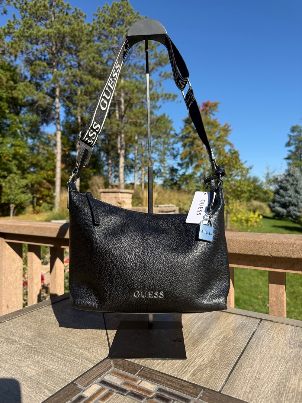 NWT GUESS Black Pebbled Leather Shoulder Bag with Logo Webbing Strap